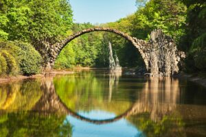 Amazing place in Germany - Rakotzbrucke also known as Devils Bridge in Kromlau. Reflection of the bridge in the water create a full circle.